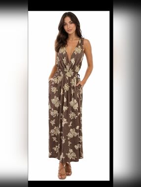 Faded Rose Sleeveless Brown Floral Maxi Dress with Open Side Waist